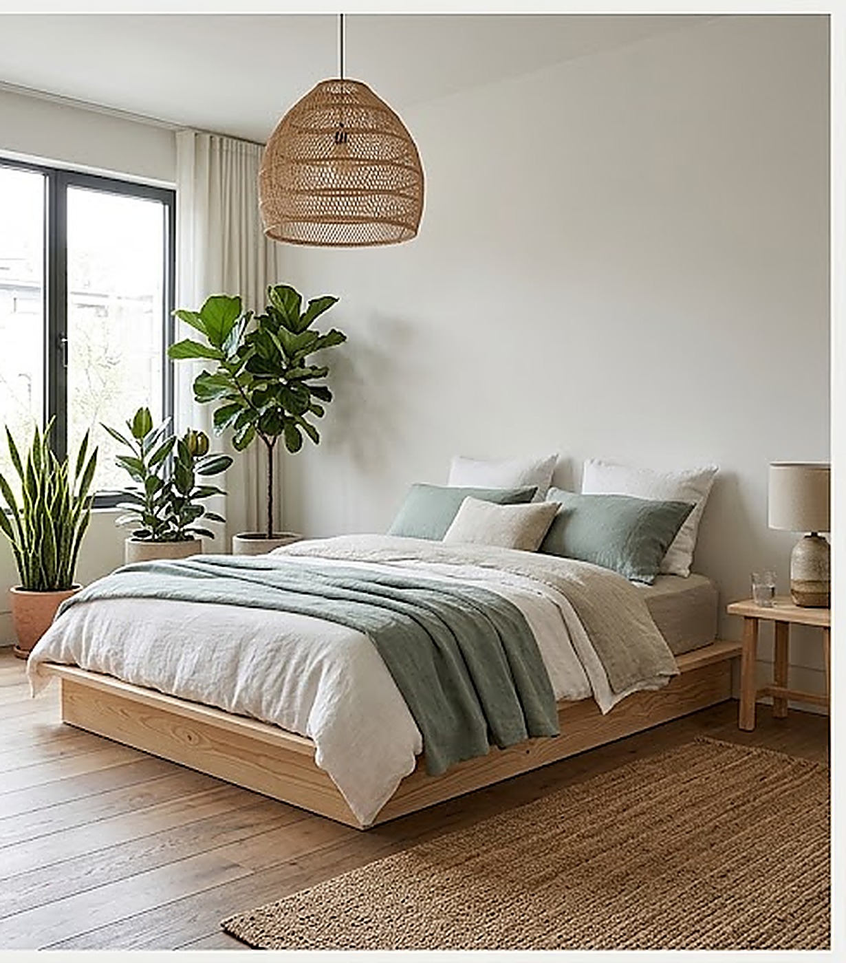 Scandinavian-style primary bedroom with a rattan pendant, linen bedding, and layered plants