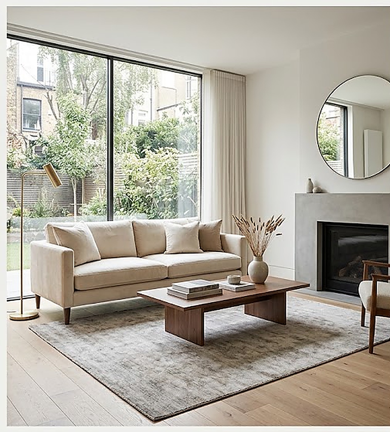 Bright minimalist living room with floor-to-ceiling windows and a linen sofa