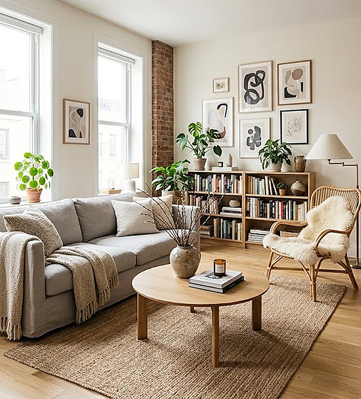 Living room with a curated gallery wall and rattan reading chair